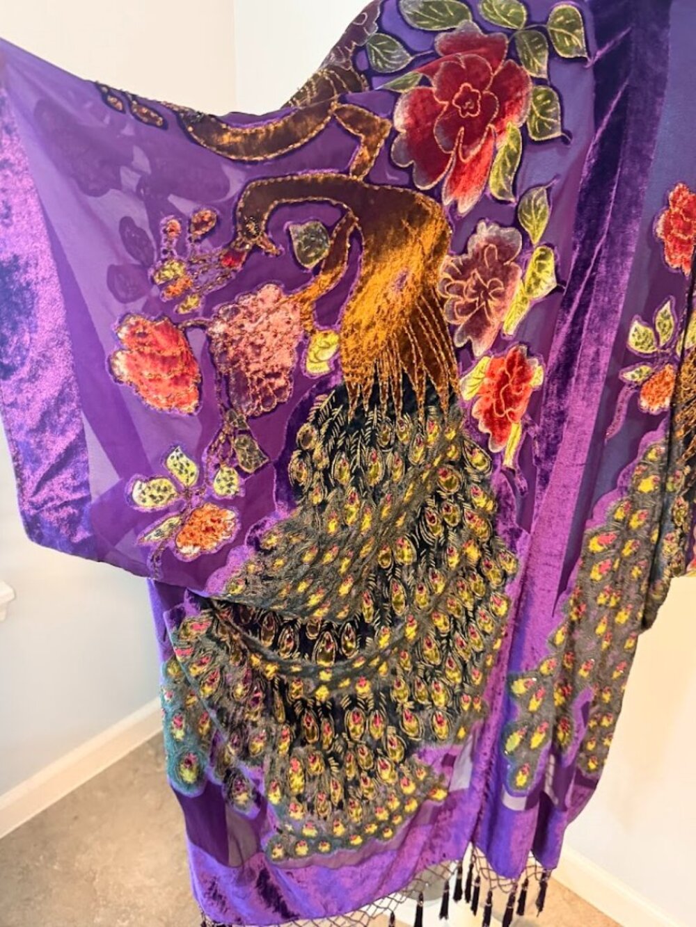 Purple Peacock Embroidered Kimono Duster Fringe Boho